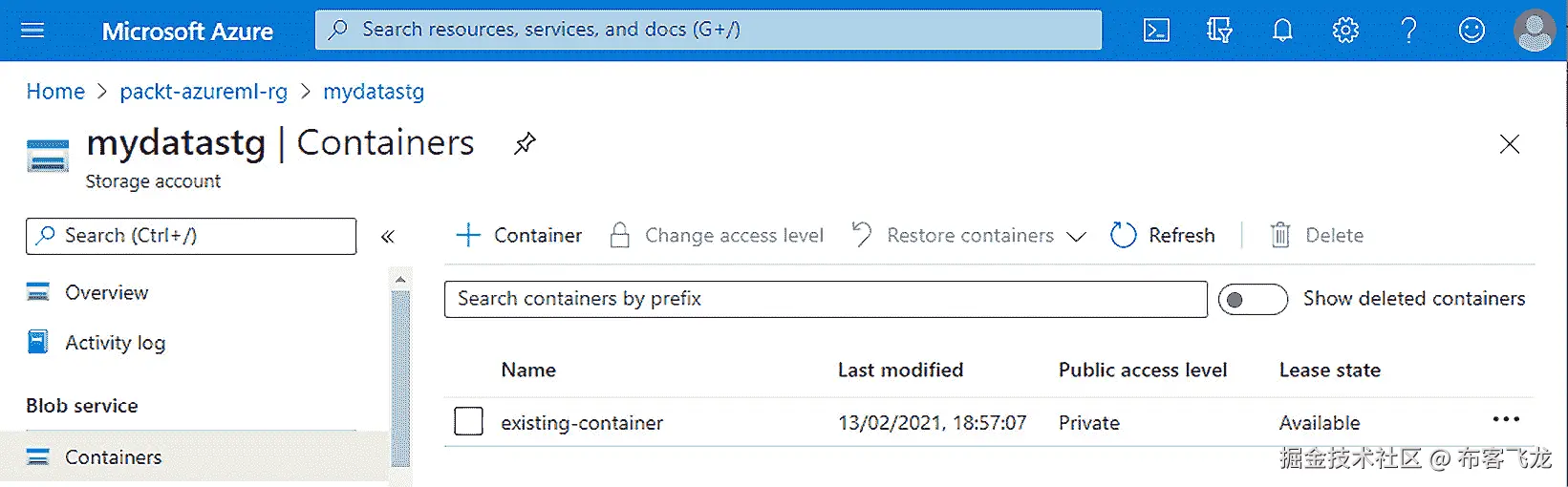 图 7.16 – 在 Azure 门户中看到的 mydatastg 存储帐户中的容器