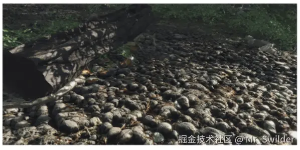 图6.42：视差遮挡映射，又名浮雕映射，将其应用在石径上，可以使得石头看起来更加真实。图中的石径地面实际上是一组简单的三角形，外加一个高度场。