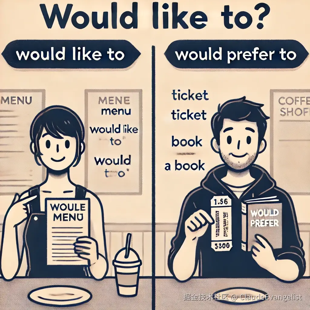 DALL·E 2024-09-07 11.15.33 - An illustration showing two people in a casual setting. One person is pointing to a menu, representing the polite phrase 'would like to' for choosing .webp