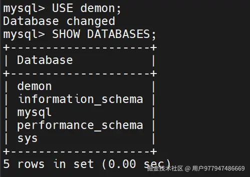 通过输入语句，查询所有数据库，可以看到刚才创建的demon，以及一些系统数据库。