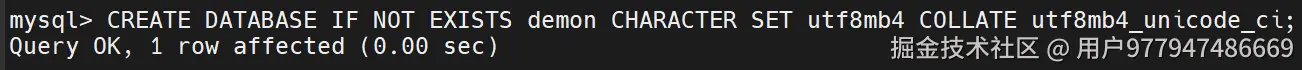 通过输入语句，创建一个名为demon的数据库，设置编码为utf8mb4，编码排序规则为utf8mb4_unicode_ci，显示创建成功提示
