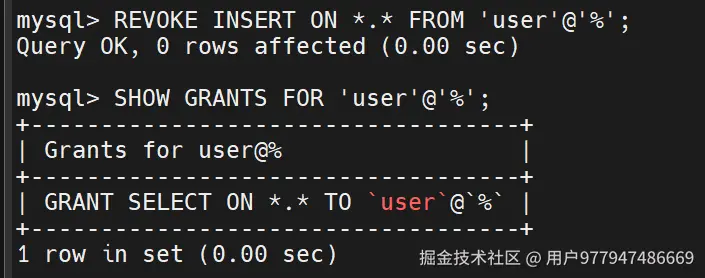 通过输入语句，撤销刚才user用户的INSERT权限，查询并确认结果。