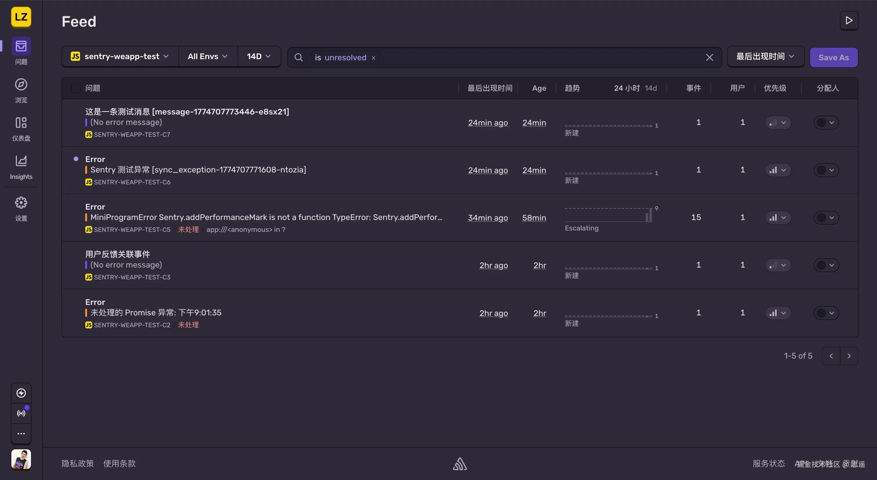 Sentry 上报数据列表