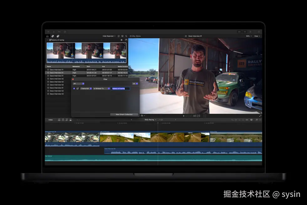 一台深空黑色 MacBook Pro 上显示着 Final Cut Pro 的听写文本搜索功能。