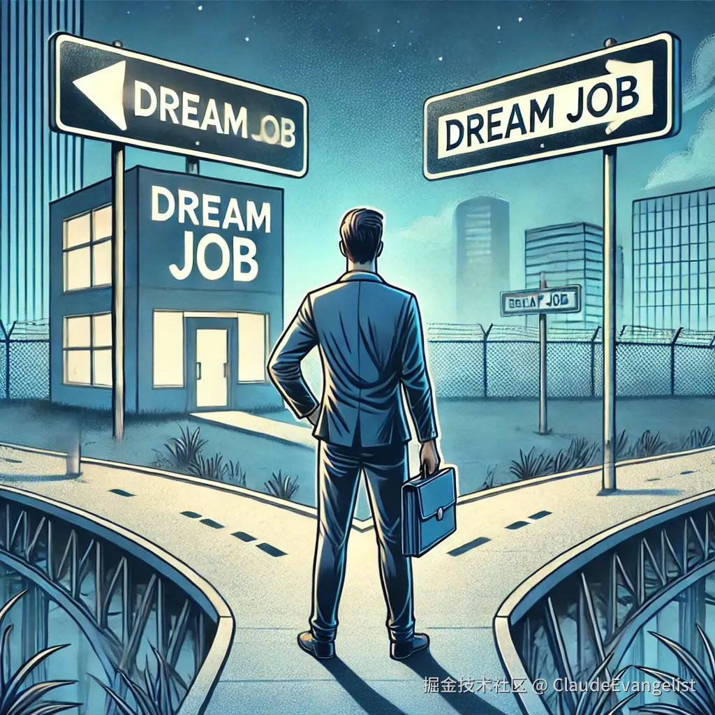 DALL·E 2024-12-13 15.35.58 - A professional illustration showing a worker standing at a crossroads, one path leading to a shiny, well-lit building labeled 'Dream Job' and the othe.webp