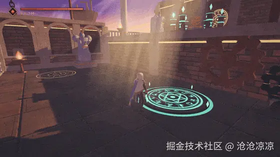 主角跳起后空中下劈,落地的冲击波扫过青绿色的地面符文,符文变成白金色,旁边的石台缓缓升起