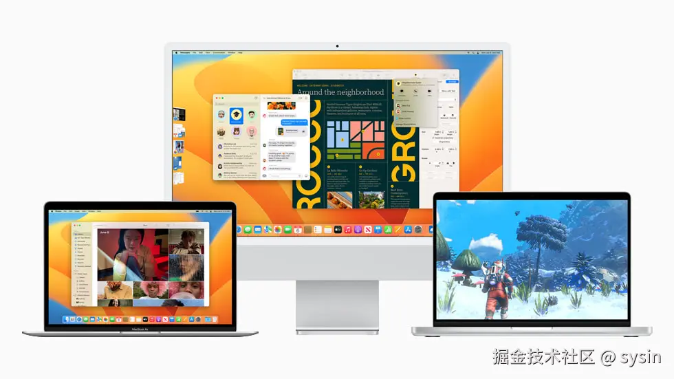 MacBook Air、24 英寸 iMac 与 14 英寸 MacBook Pro。