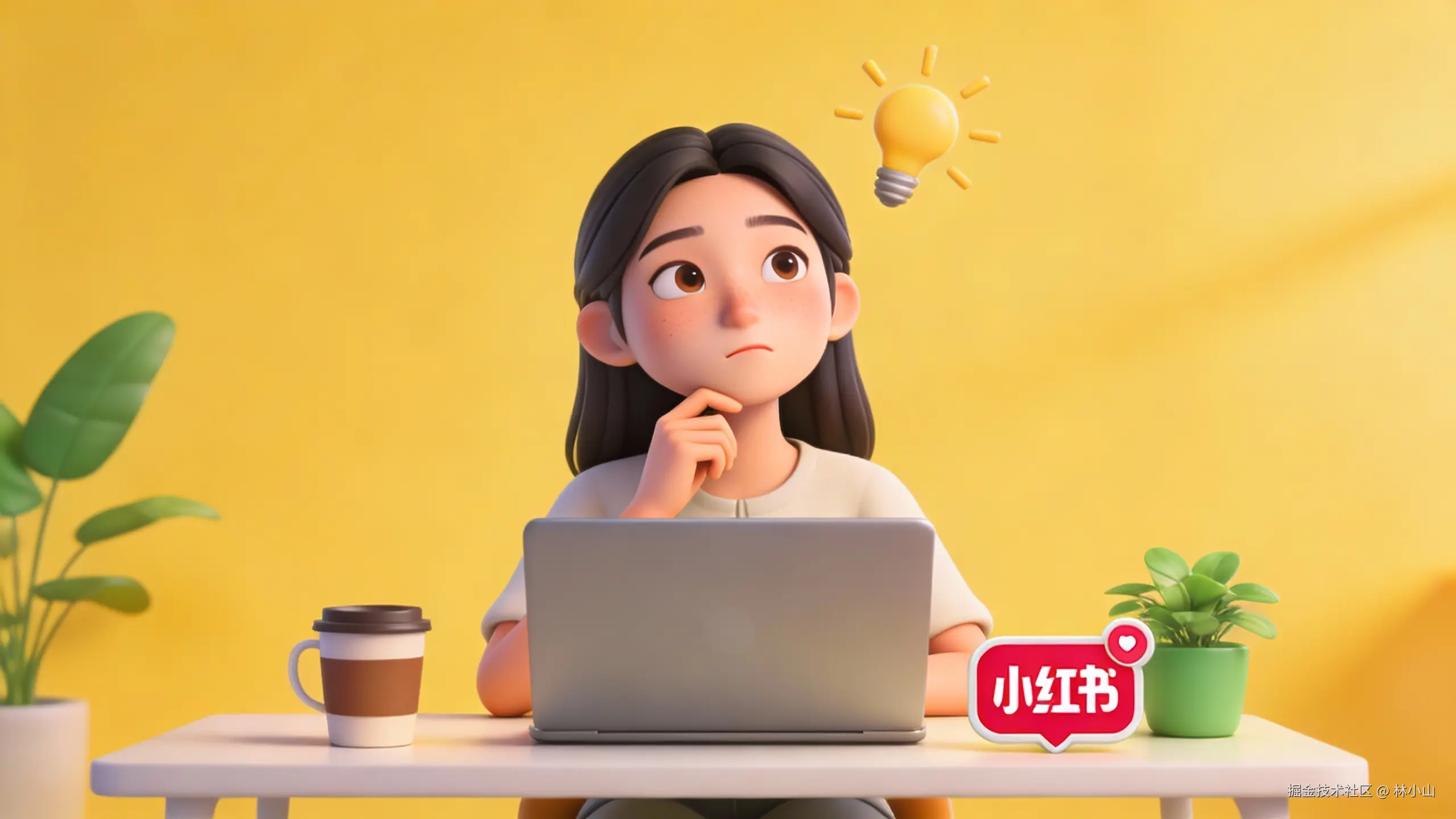 一名年轻的亚洲女性内容创作者，坐在简约风格的书桌前，面对着一台笔记本电脑，脸上露出思考和获得灵感的表情。旁边有咖啡、绿植和一些代表小红书的社交媒体图标元素。整体为明亮的3D插画风格，背景干净。