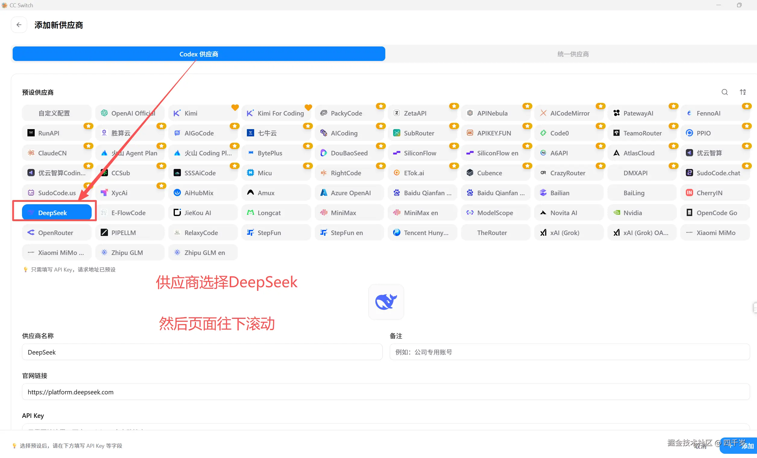 Selecting DeepSeek as the provider