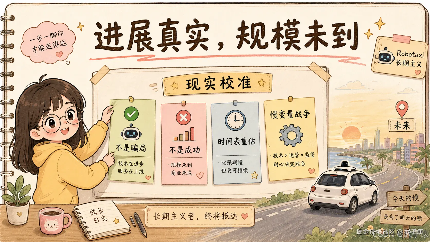 手绘信息图：标题「进展真实，规模未到」+ 左侧黄卫衣女孩讲解 + 中部「现实校准」四象限 ✓ 不是骗局（技术在进步、服务在落地）/ ✗ 不是成功（规模未到、商业未成）/ ⏰ 时间表重估（比预期慢，但更可持续）/ ⚙ 慢变量战争（技术 × 运营 × 监管 — 耐心决定胜负）+ 顶部气泡「一步一步脚印，才能走得远」+ 右上标签「Robotaxi 长期主义」+ 底部海岸线日落场景（自动驾驶车驶向城市天际线 + 木牌「今天的慢」「是为了明天的稳」→ 红色地图钉「未来」）+ 底部标语「长期主义者，终将抵达」+ CSDN @武子康 水印