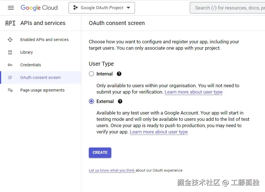 在 User type 下选择 External 并单击 Create