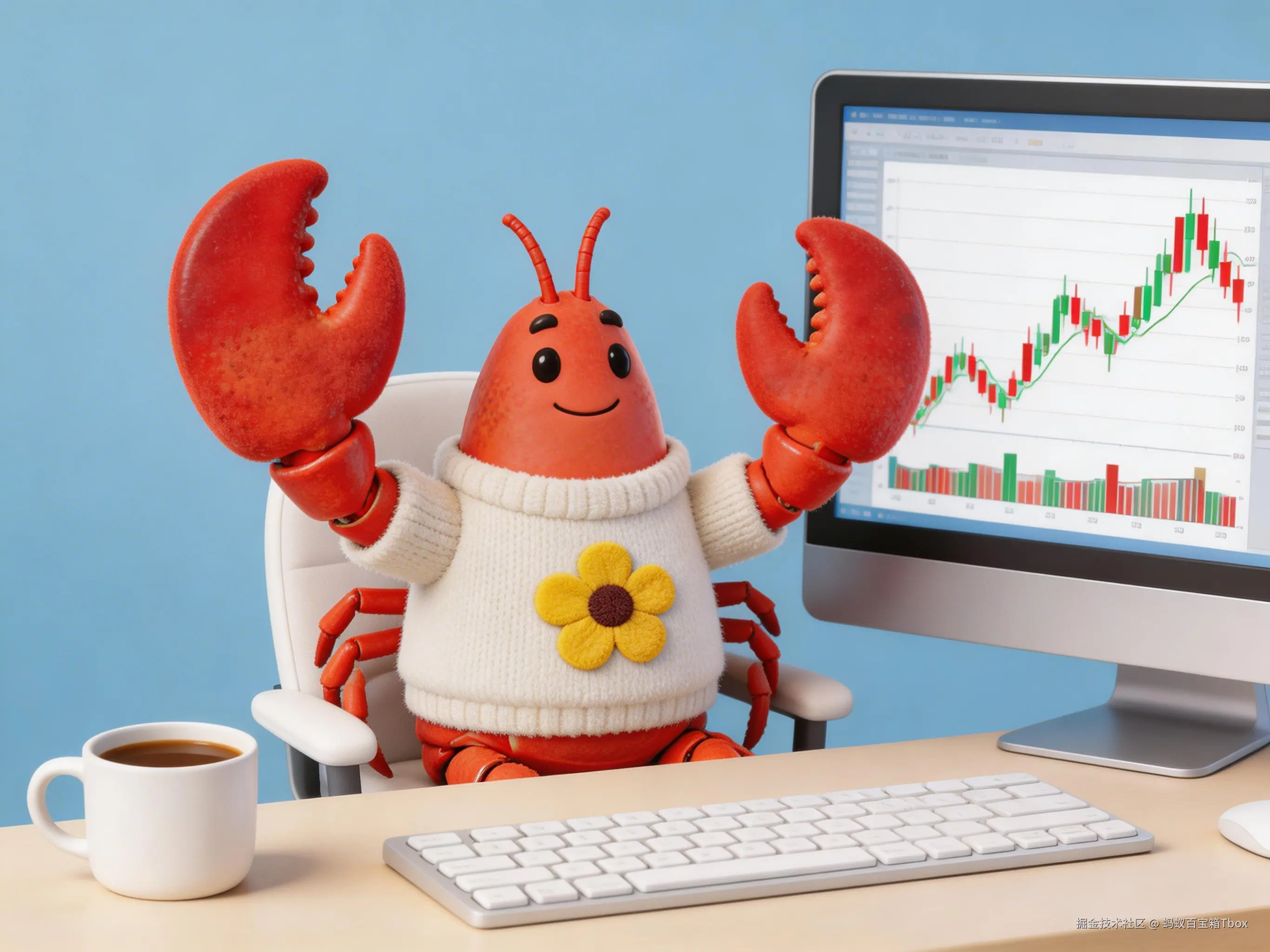 主题为拟人化龙虾办公的趣味插画，采用横版构图，背景为浅蓝墙面与办公桌场景，桌面有键盘、咖啡杯与电脑屏幕；主体为一只穿毛衣的红色卡通龙虾，双螯高举呈欢呼姿态，坐于椅子上，身体略前倾，毛衣覆盖腹部并露出四肢，毛衣上有黄色花朵贴布，龙虾头部正对镜头，视线朝向电脑屏幕；电脑屏幕显示股票那个线，屏幕边框轻微遮挡龙虾右侧钳子；色彩以暖红、浅蓝、米白为主，情绪活泼、俏皮、治愈；技法包含毛绒质感与3D渲染细节，整体风格为可爱卡通.jpg