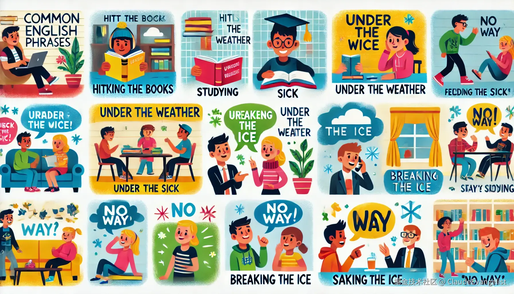 DALL·E 2024-07-27 17.30.24 - A colorful and engaging illustration showing various common English phrases being used in everyday scenarios. Include scenes such as someone hitting t.webp