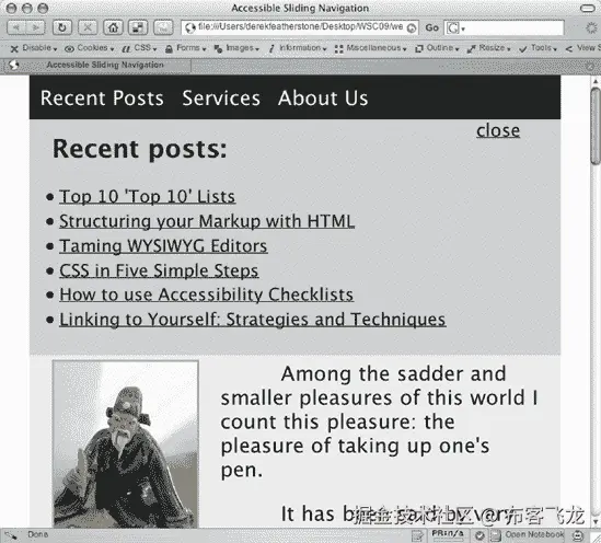 Flexible sizing allows for the fonts and the navigational pane itself to be resized, without breaking the design.
