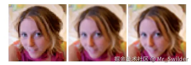 图6.8：将 48 \times 48 的纹理放大到 320 \times 320 。左：邻近过滤，每个像素都会选择距离其最近的纹素。中间：双线性过滤，使用四个最近像素的加权平均值。右：立方滤波（三次滤波），使用 5 \times 5 范围内最近像素的加权平均值。