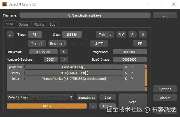 图 9.12 – 使用 Detect It Easy 检测保护恶意软件的混淆器（ConfuserEx）