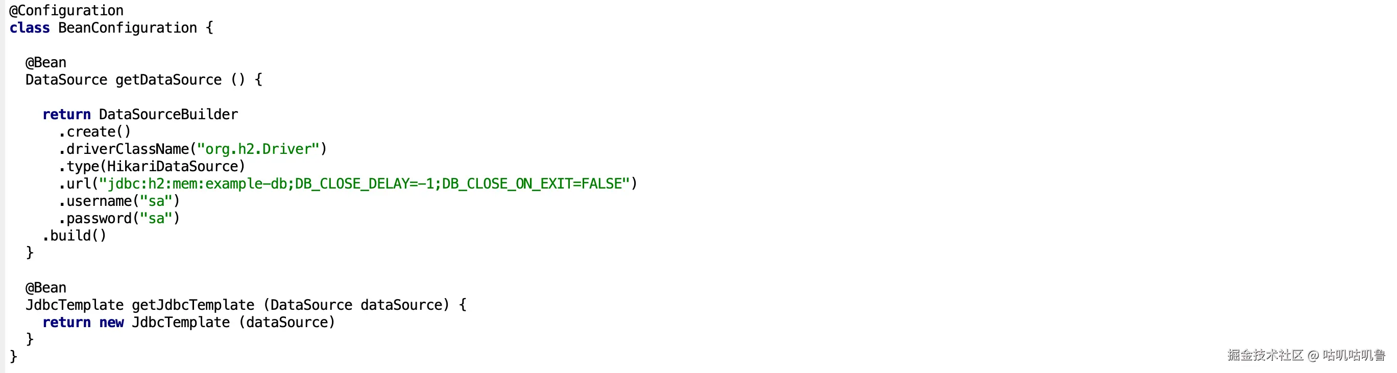 Spring Boot 应用程序的配置类，用于定义两个 bean：一个是使用 H2 内存数据库和 HikariCP 连接池的 DataSource bean，另一个是用于数据库操作的 JdbcTemplate bean。